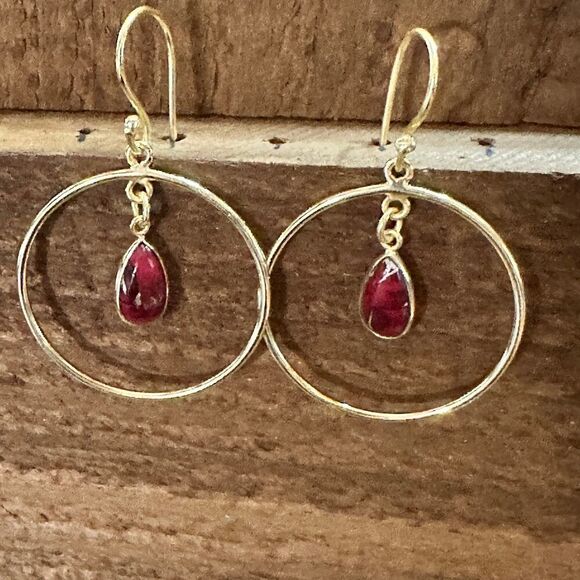 Golden Dahlia Rose Handmade Gold Plated Earrings, Natural Stone - Picture 1 of 6